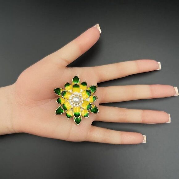 Yellow Gold with Diamond Crystal and Enamel and Pearl Lotus Pin Back Brooch - Picture 7 of 7